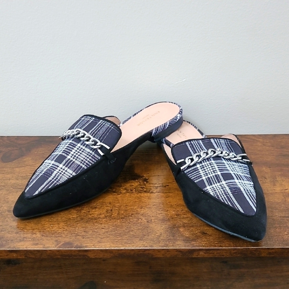 Ann Taylor Factory Black Suede Loafer Mules with Plaid & chain design size 8